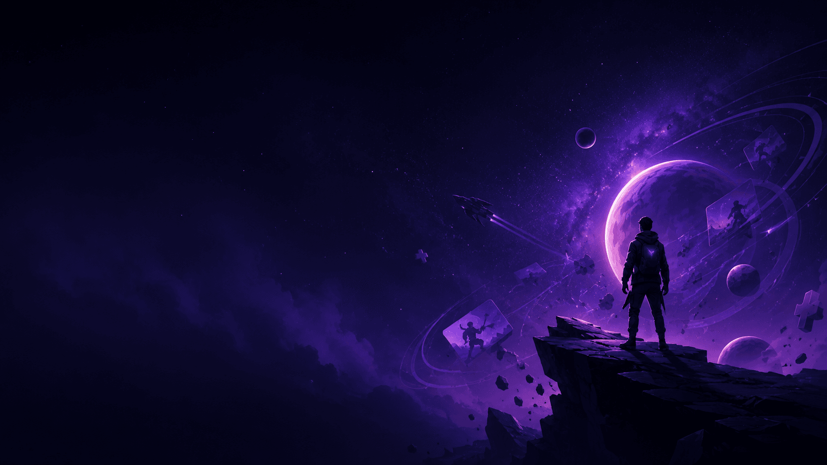 Cosmic landscape with a glowing violet planet